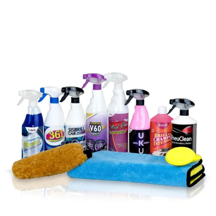 Kit de limpieza de detailing con productos y microfibras para coche